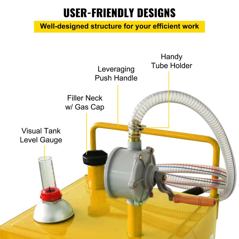 VEVOR 30 Gallon Fuel Caddy, Gas Storage Tank & 4 Wheels, with Manuel Transfer Pump, Gasoline Diesel Fuel Container for Cars, Lawn Mowers, ATVs, Boats, More, Yellow Bottles Hand