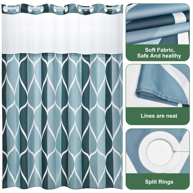 PUNKRAY No Hook Shower Curtain with Snap in Fabric Liner Set - Hotel Style with See Through Mesh Top Window, Modern Geometric Waterdrop Design,Water-Repellent & Washable