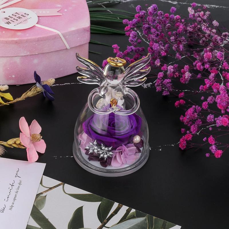 Preserved Flower Rose Gifts in Glass Angel Figurines,Birthday Gifts for Women,Angel Rose Gifts for Her,Christmas Rose Gifts for Mom Mothers Grandma,Real Flowers Purple Gift,Thanksgiving Gifts Decor Decorative