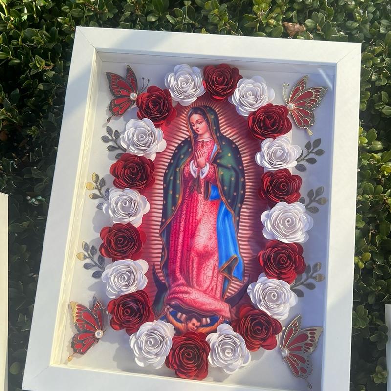 Virgin of Guadalupe Virgencita Floral Shadow Box-8x10”