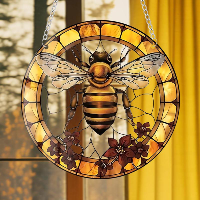 Bee & Flower Design Hanging Suncatcher, Round Colorful Hanging Ornament, Outdoor Hanging Decor for Garden, Patio, Yard, Home Decor