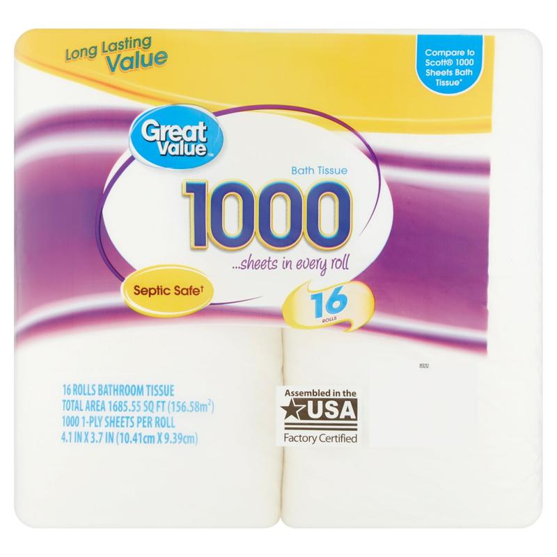 Great Value 1000 Bath Tissue Rolls, 16 Rolls