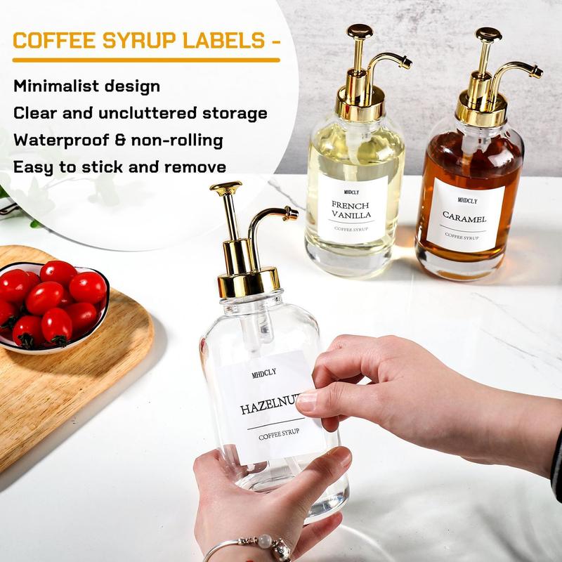 4 Pcs Syrup Dispenser For Coffee Bar, Coffee Syrup Pump Dispenser Glass Bottle, Coffee Bar Accessories 16.9oz Syrup Dispenser With Labels,Syrup Pump Dispenser For Coffee Bar Set Organiser