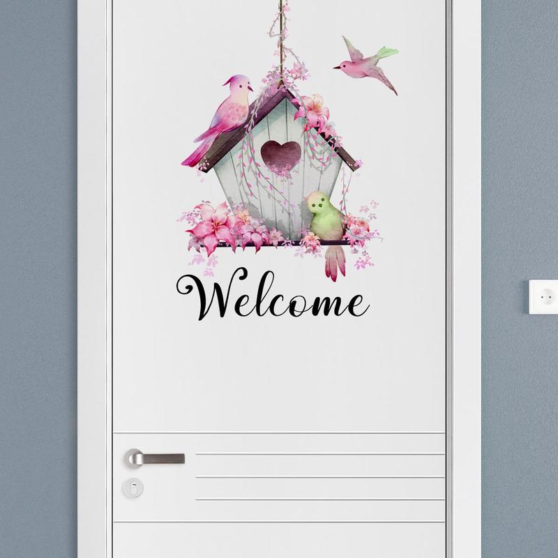 Cute Bird & House Pattern Door Sticker, Welcome Removable Self-adhesive Door Sign, Decorative Sticker for Home Living Room Front Door, Home Decor Collection