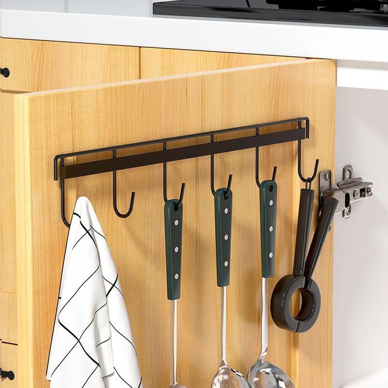 2Pcs Kitchen Utility Hooks,Wall Mount Kitchen Utensil Rack with 6 Hooks,Wall Mounted Rail,No Drilling Kitchen Utensil Holder,Space Saving Kitchen Wall Hooks for Kitchen Bathroom. (black)