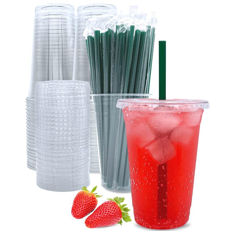 25 Pcs 20 oz Plastic Cups, with Lids and Straws. Disposable Clear Plastic Cups, Suitable for Iced Coffee, Smoothie, Milkshake and Cold Drinks. Pack