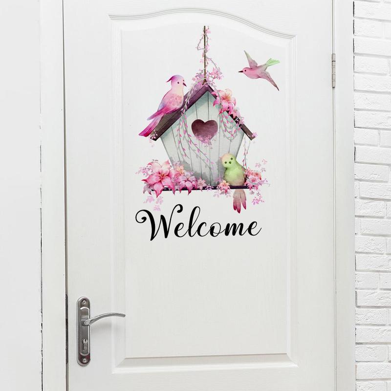 Cute Bird & House Pattern Door Sticker, Welcome Removable Self-adhesive Door Sign, Decorative Sticker for Home Living Room Front Door, Home Decor Collection