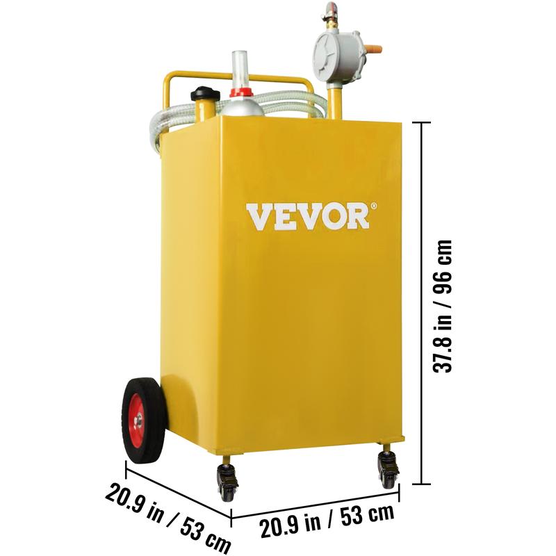 VEVOR 30 Gallon Fuel Caddy, Gas Storage Tank & 4 Wheels, with Manuel Transfer Pump, Gasoline Diesel Fuel Container for Cars, Lawn Mowers, ATVs, Boats, More, Yellow Bottles Hand