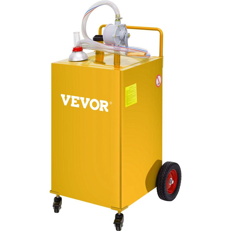 VEVOR 30 Gallon Fuel Caddy, Gas Storage Tank & 4 Wheels, with Manuel Transfer Pump, Gasoline Diesel Fuel Container for Cars, Lawn Mowers, ATVs, Boats, More, Yellow Bottles Hand