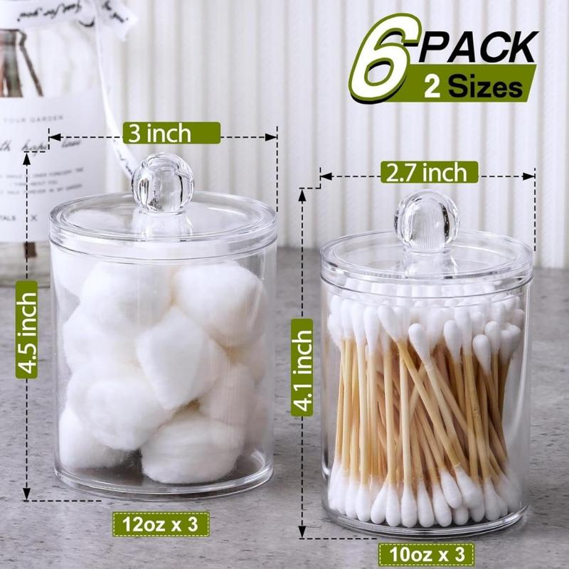 6 Pack Qtip Holder Dispenser for Cotton Ball, Cotton Swab, Cotton Round Pads, Floss - Clear Plastic Apothecary Jar Set, Bathroom Canister Storage Organization, Vanity Makeup Organizer (12oz & 10oz)(Creative Life Pavilion) Bottles Tin