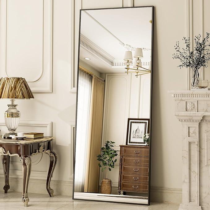 Full Length Mirror Standing Hanging or Leaning Against Wall, Large, Rectangle, Bedroom Wall-Mounted   Floor Dressing Mirror, Aluminum Alloy Thin Frame, Black, 65