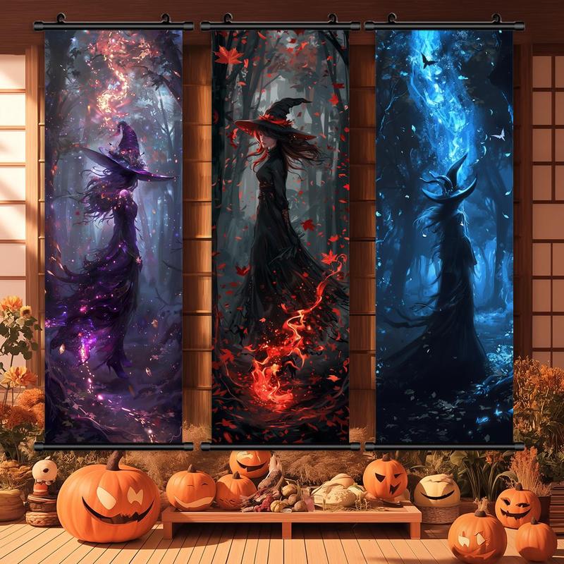 Witch Pattern Hanging Banner, 3 Counts set Mysterious Flame Pattern Wall Art, Wall Decor for Home Living Room Bedroom Party, Home Decor