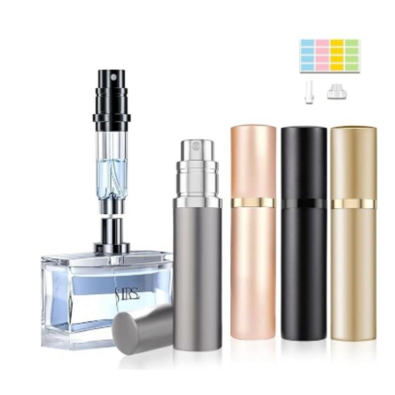 4PCS Perfume Atomizer Travel Refillable, Portable Cologne Sprayer Bottles for Travel, Bottom Pump Refilling Fragrances 5ml for Women Men (Black & Grey & Cham Gold & Rose gold)