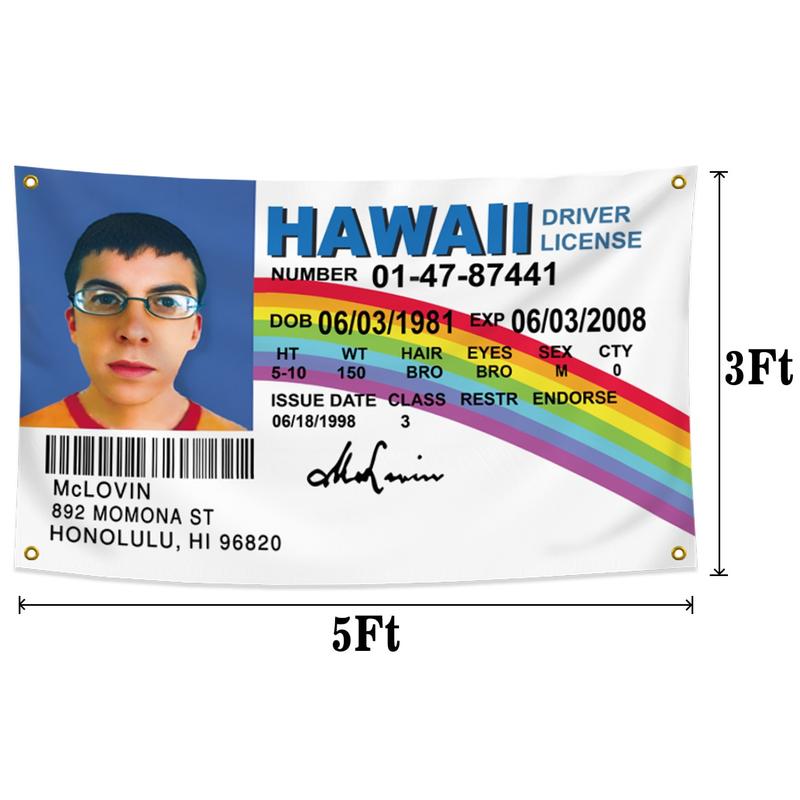 Mclovin ID Flag Fake Driver License 3x5 ft Mclovin Tapestry, Polyester with 4 Brass Grommets, Mc Loving Funny flags Poster for College Dorm Outdoor Banner