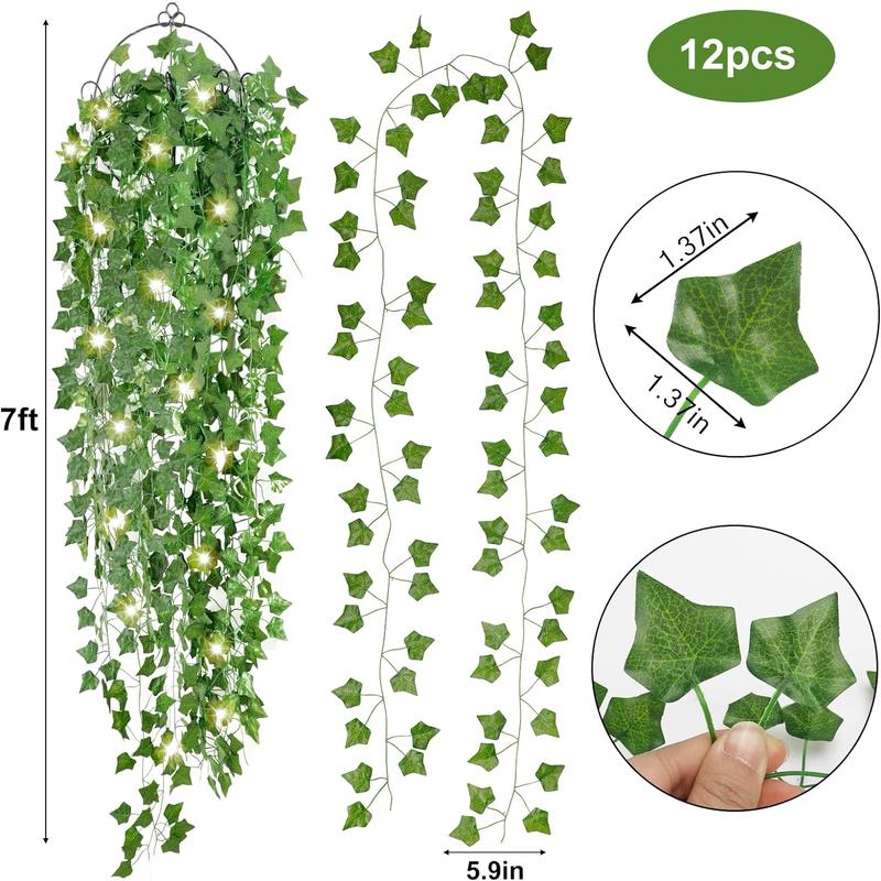 84Ft 12 Pack Artificial Ivy Garland Fake Plants, Vine Hanging Garland with CE Certified 80 LED String Light, Hanging for Home Bedroom Garden Party Wedding Wall Room Decor, Green