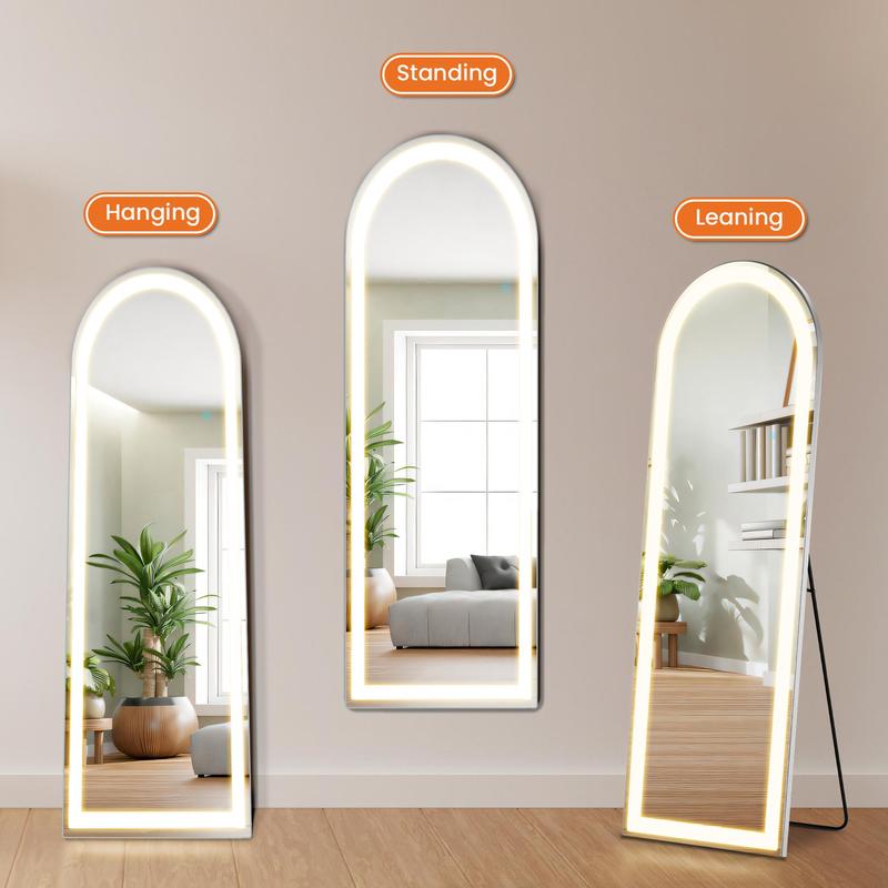 Mirror Full Length Standing Mirror with LED Lights, Lighted Floor Mirror with Stand, w Dimming & 3 Color Lighting, Wall Mirror Full Length Aluminum Alloy Thin Frame