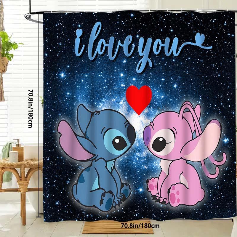 Cartoon Stitch Pattern Shower Curtain, 1 Count Waterproof Bathroom Curtain with 12 Hooks, Bathroom Decor Supplies for Home Hotel Salon Dormitory