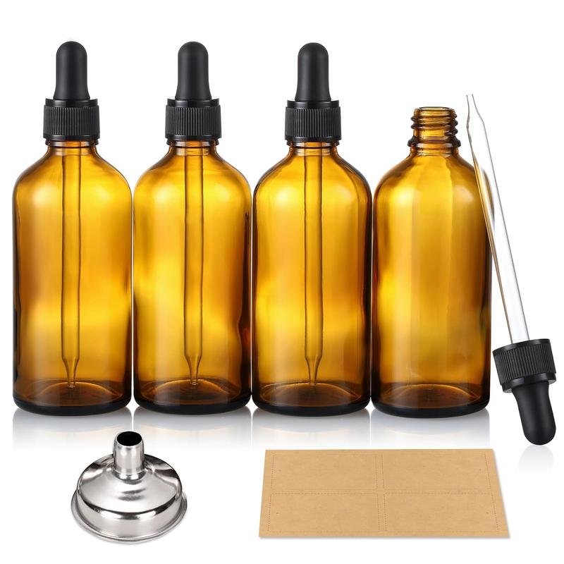 4 Pack, 4oz Amber Glass Dropper Bottles with 1 Funnel & 4 Lables - 120ml Dark Brown Tincture Bottles with Eye Droppers - Leakproof Travel Bottles For Essential Oils, Liquids