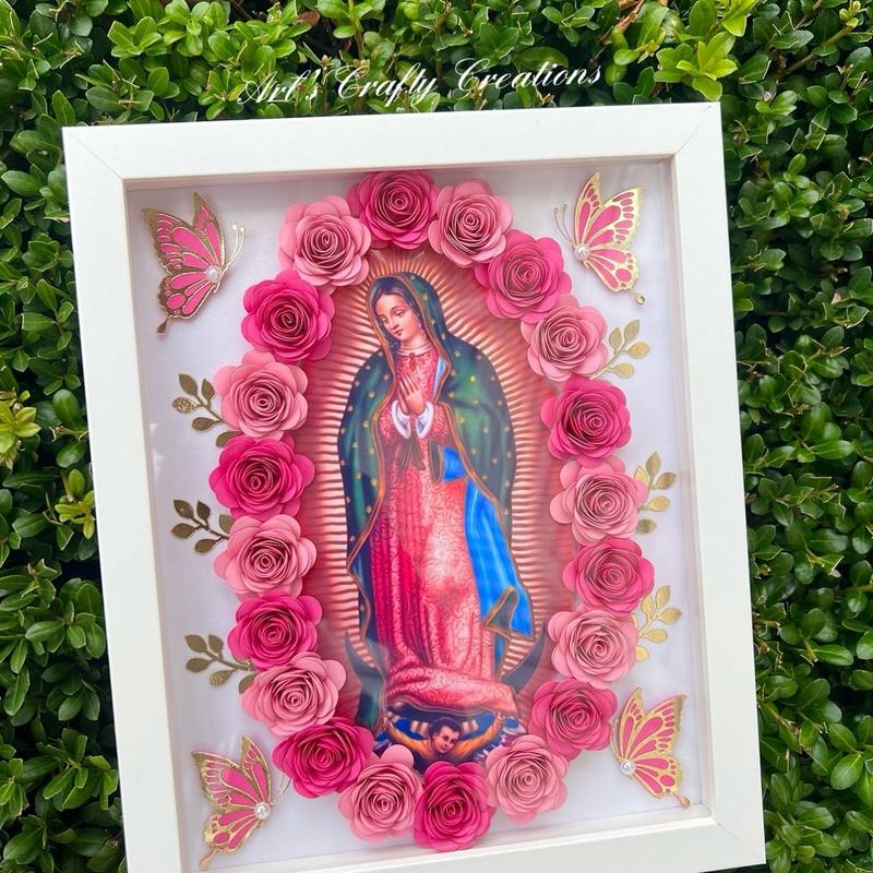 Virgin of Guadalupe Virgencita Floral Shadow Box-8x10”