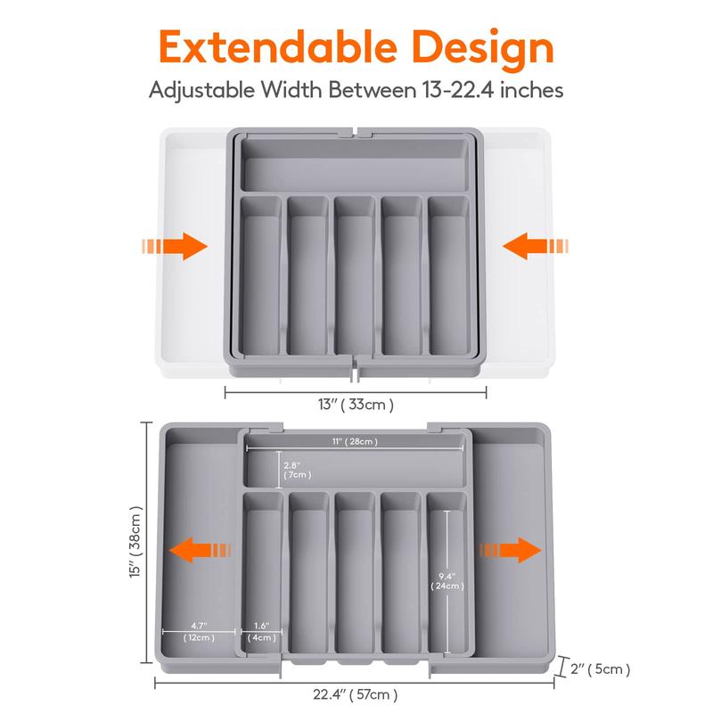 Silverware drawer organizer, kitchen expandable cutlery storage tray, BPA-free cutlery and cutlery rack, adjustable plastic for storing spoons, forks, knives, large