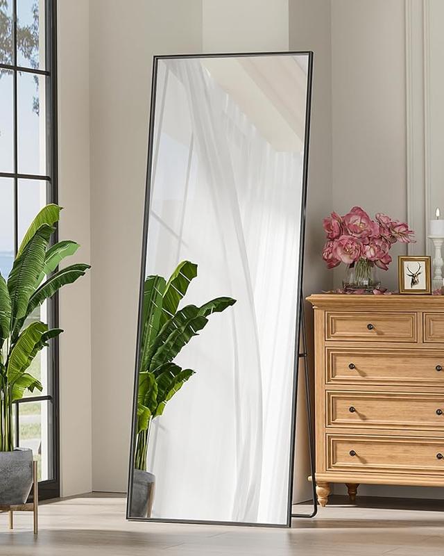 Full Length Mirror Standing Hanging or Leaning Against Wall, Large, Rectangle, Bedroom Wall-Mounted   Floor Dressing Mirror, Aluminum Alloy Thin Frame, Black, 65