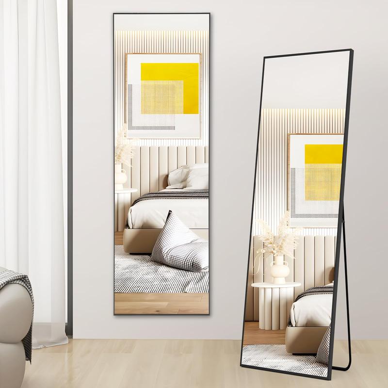 Full Length Mirror with Stand, 59''×16'' Floor Mirror with Aluminum Alloy Frame for Bedroom,  Rectangular, Arched, Free Standing Full Body Mirror with Shatter-Proof Glass for Wall, Living Room, Cloakroom, Black and Gold