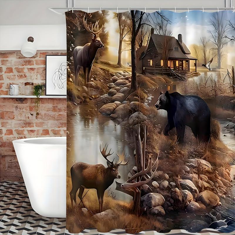 1pcs Bear & Deer Forest Splendor Bathroom Decor Set - Waterproof Shower Curtain with 12 Hooks,Create a Magical Sanctuary