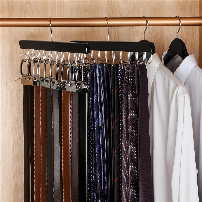 2 in 1 Belt Tie Hanger for Closet Max 30 Belts with 30 Ties Capacity, 20 Hooks Belt Tie Racks Wooden Hanger for Closet Organizer Storage “U” Fit for Belt and “” Fit for Tie - CT47B Hanging