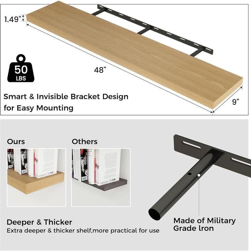 Floating Shelves for Wall, Large Wall Mounted Shelves with Invisible Brackets, Long Wood Floating Wall Shelf Shelves for Living Room, Bedroom, Kitchen, Bathroom Decor (Oak, 48