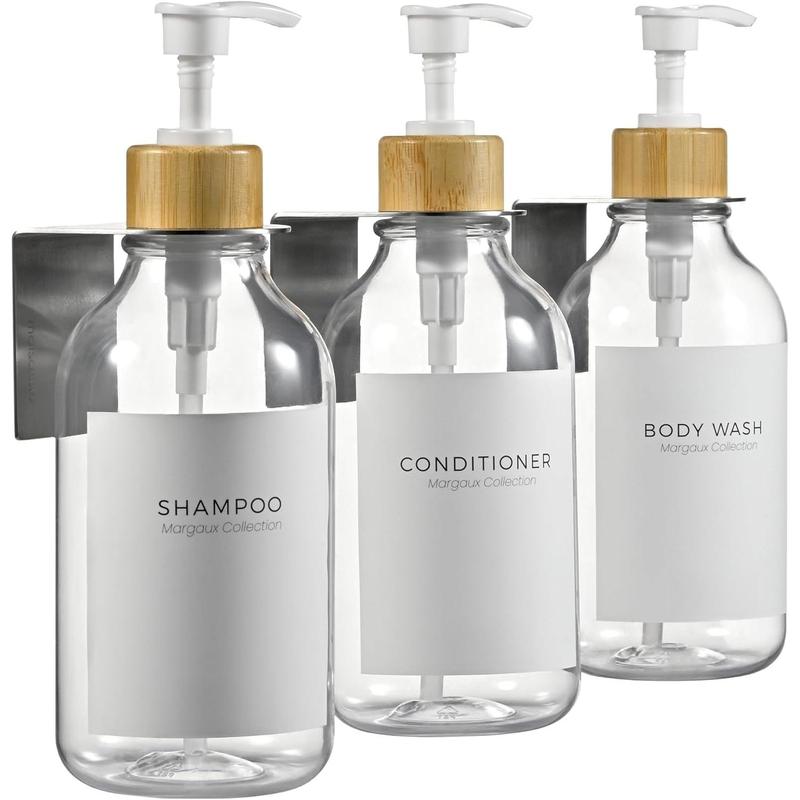 Shampoo and Conditioner Dispenser - Shower Soap Dispenser Wall Mounted - 16.9 fl oz Set of 3 Clear Plastic Bottles White  Pump - Shampoo Dispenser, Shower Dispenser 3 Chamber No Drill