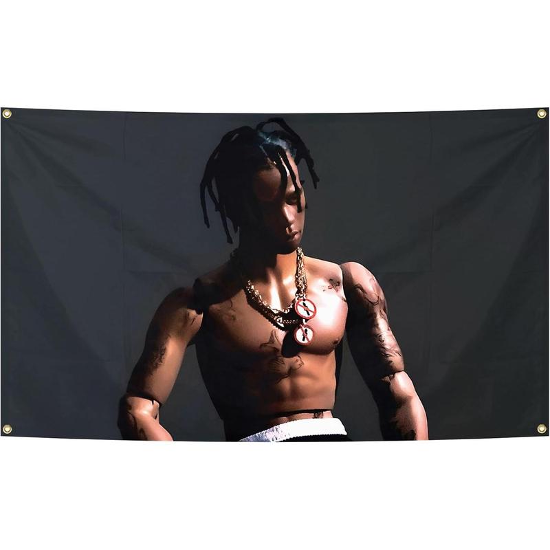 Travis Tapestry Rodeos Album Cover Iconic Rap Rapper Tapestry Funny Poster Durable Man Cave Wall Flag 3x5 Feet Banner with 4 Brass Grommets College Dorm Bedroom Living Room Decor, orange