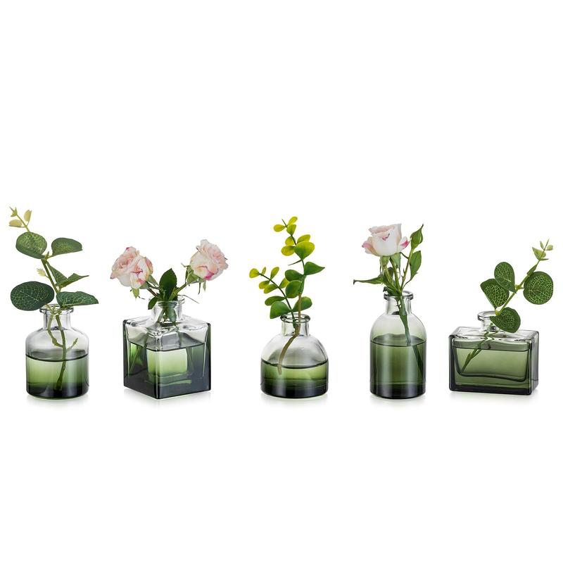 Green Glass Bud Vase: Mini Small Vases for Centerpieces Cute Flower Vase Set of 5 Tiny Vases for Flowers Decorative Centerpiece Vases for Table Decor Wedding Party Dining Room Decoration