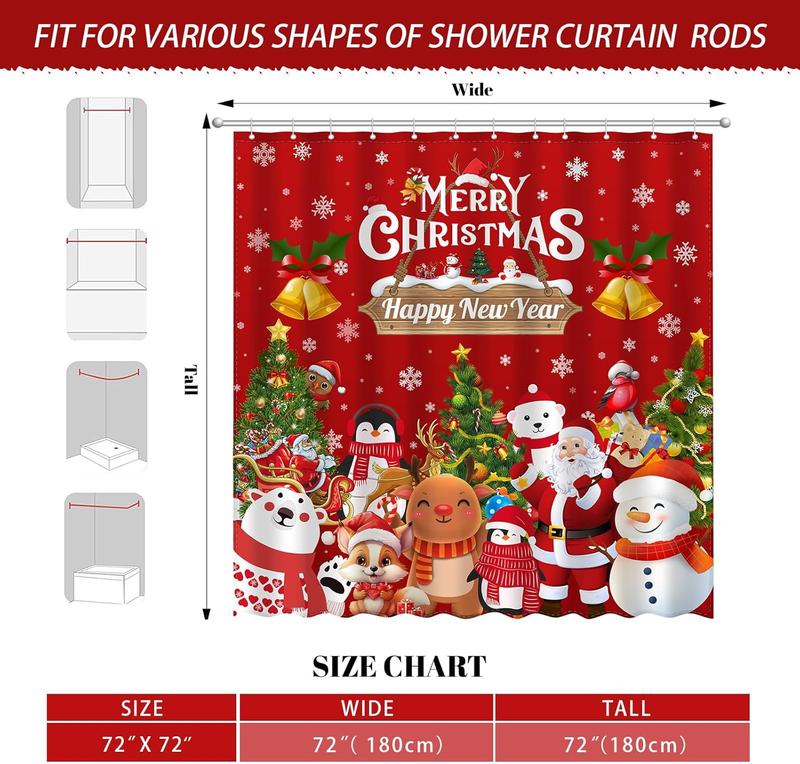 Merry Christmas and Happy New Year Shower Curtain, Santa Claus Snowman Home Bathroom Decor, Polyester Cloth Fabric Bath Curtain with 12 Hooks (72x72 Inches, Christmas Red)