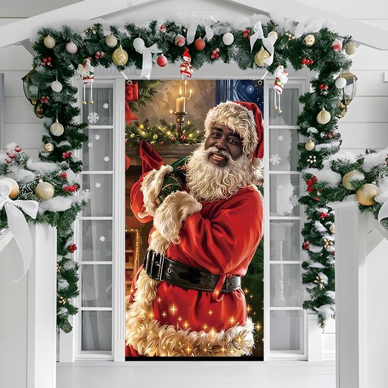 Santa Claus Door Cover, 1 Count Christmas Themed Door Decoration, Door Hanging Decoration with 4 Rings, Festive & Party Supplies