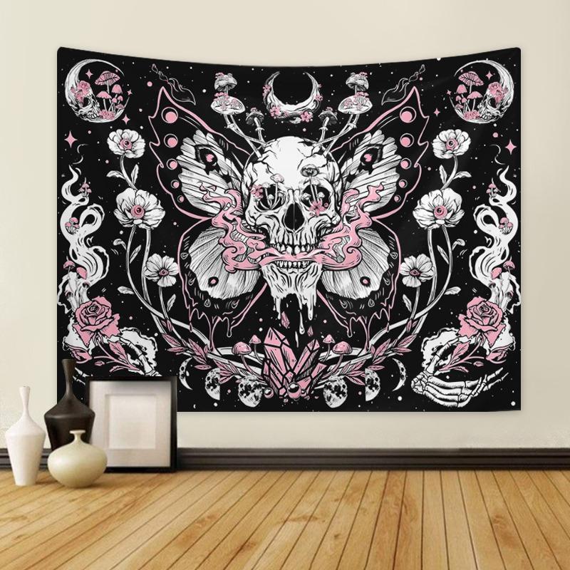 Floral & Skull Pattern Tapestry, Halloween Butterfly Mushroom Print Tapestry, Wall Hanging Decor for Home Living Room Bedroom, Room Decor