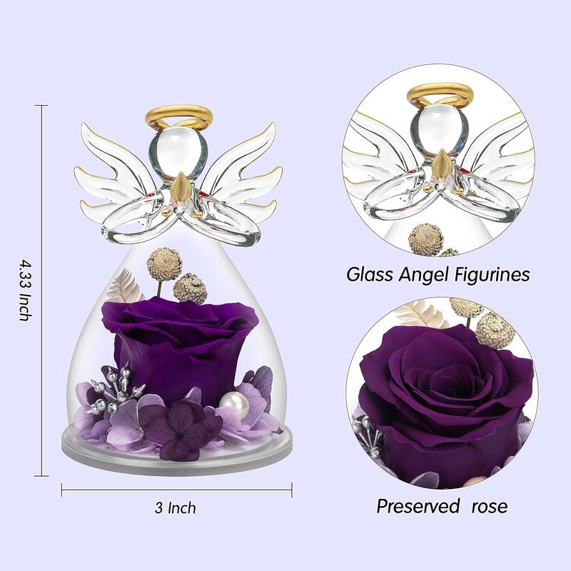 Preserved Flower Rose Gifts in Glass Angel Figurines,Birthday Gifts for Women,Angel Rose Gifts for Her,Christmas Rose Gifts for Mom Mothers Grandma,Real Flowers Purple Gift,Thanksgiving Gifts Decor Decorative