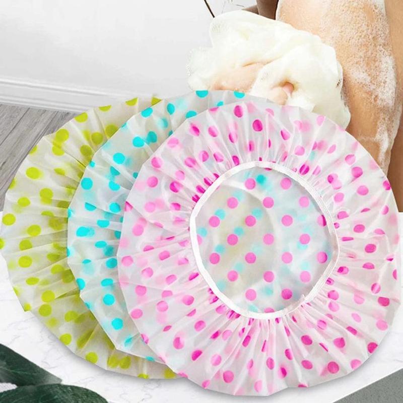 Bathroom Waterproof Shower Cap, 3pcs Polka Dot Pattern Hair Cover, Portable Bath Hair Cap for Home Dormitory Outdoor Travel