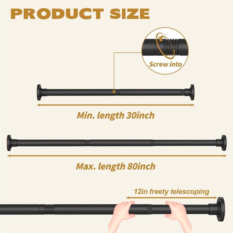 Shower Curtain Rod Adjustable 30-80 Inch with Bracket, Rust-Proof Spring, Tension Shower Curtain Rod, No Drilling Required, Black, Stainless Steel