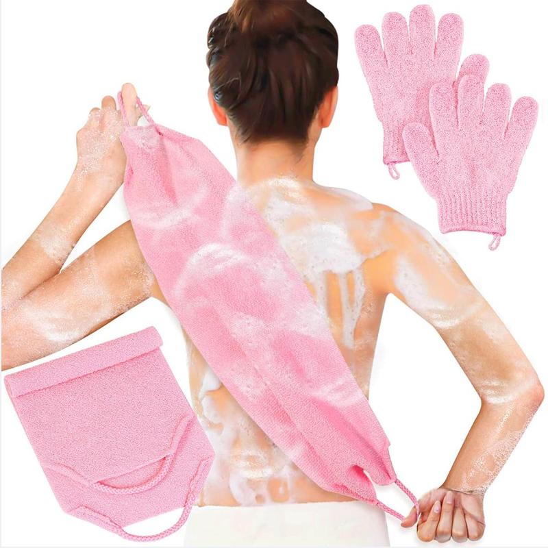 Exfoliating Bathing Towel Set, 2pcs Including Exfoliating Bathing Glove & Stretchable Bathing Towel with Handle, Bathing Accessories for Home Hotel Salon