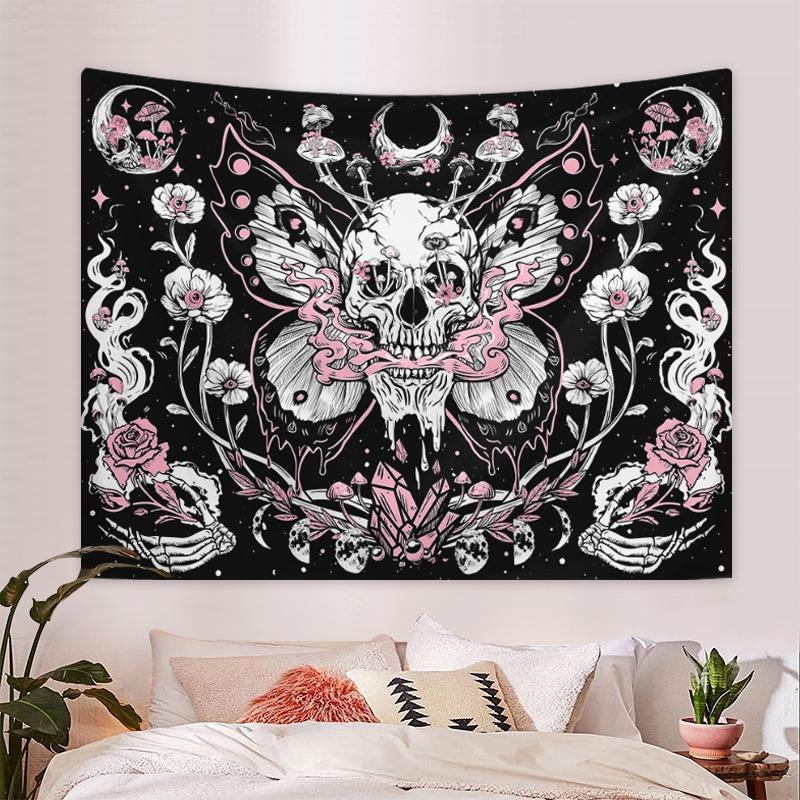 Floral & Skull Pattern Tapestry, Halloween Butterfly Mushroom Print Tapestry, Wall Hanging Decor for Home Living Room Bedroom, Room Decor