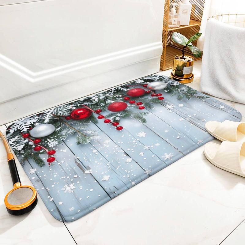 Christmas Themed Bath Mat, 1 Count Non-slip Bath Mat with Snowflakes & Ornaments Design, Quick-dry Absorbent Bath Rug for Home Bathroom