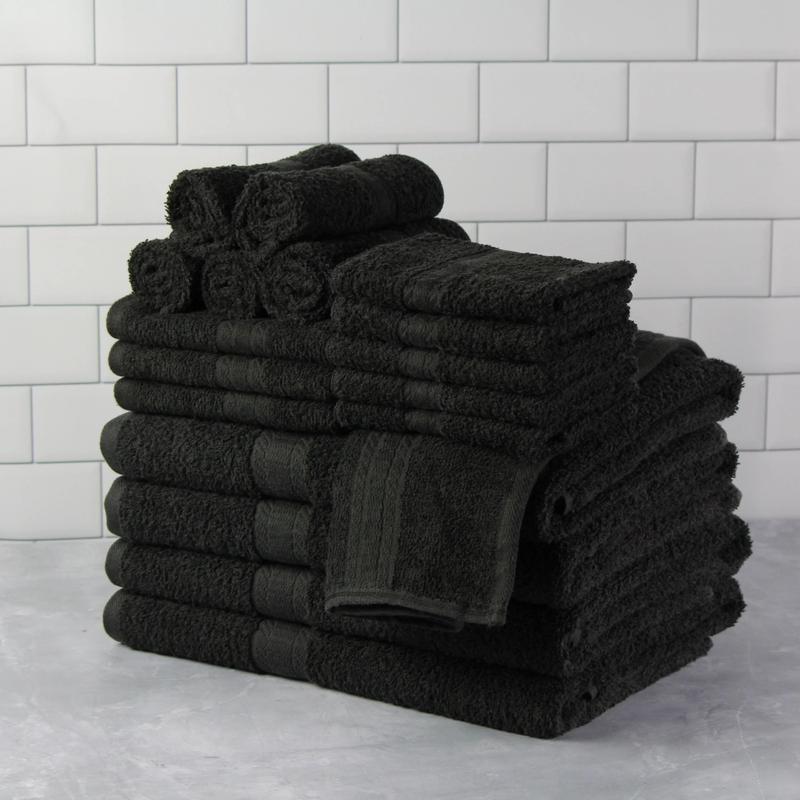 Basic Solid 18-Piece Bath Towel Set Collection, Black Cotton Hand