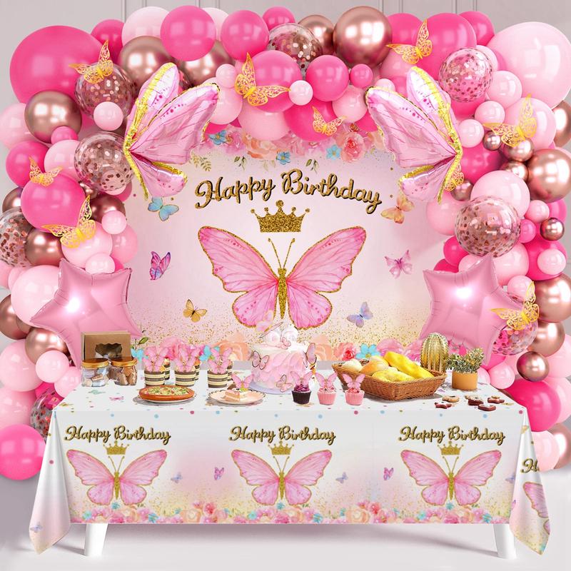 Butterfly Pink Balloon Tablecloth Backdrop Set,94pc Pink Butterfies Latex Balloon Girl Birthday Party Decoration,Happy Butterfly Birthday Ballon Decor