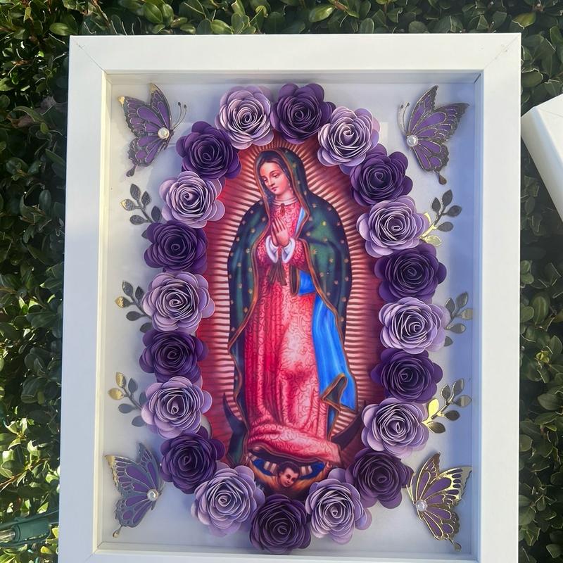 Virgin of Guadalupe Virgencita Floral Shadow Box-8x10”