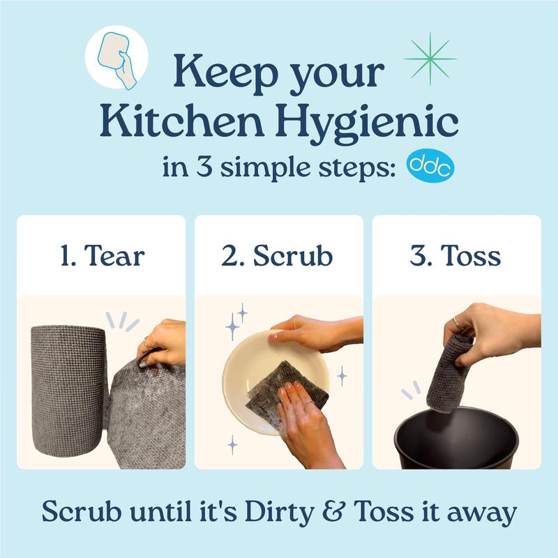 Daily Dish Scrubber - Disposable Scrub Cloths Sponges for Washing Dishes and Cleaning Kitchen & Bathroom. Bacteria Free, Odor Free, Quick Drying, Heavy Duty. Safe on most Surfaces including Stainless Steel.