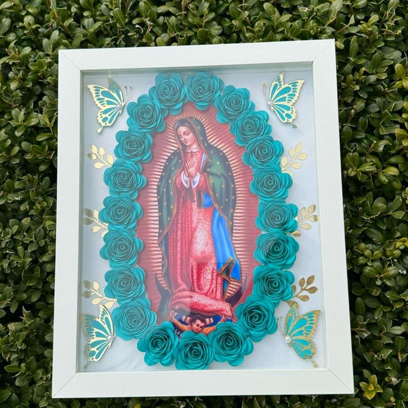 Virgin of Guadalupe Virgencita Floral Shadow Box-8x10”