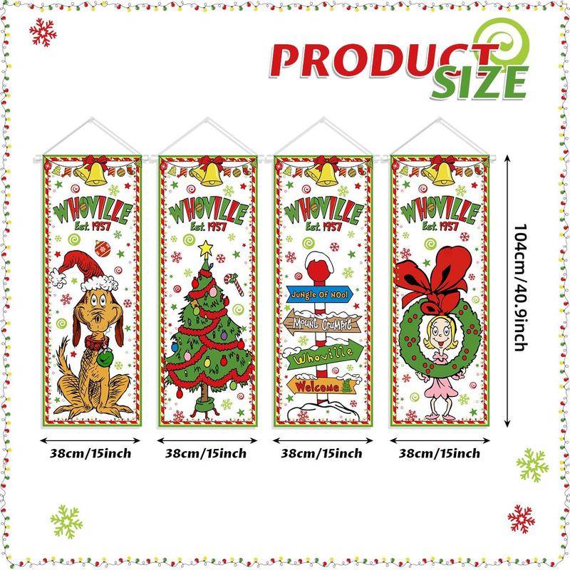 Christmas Themed Backdrop, 4 Counts set Cartoon Pattern Welcome To Whoville Backdrop, Outdoor Whoville Xmas Backdrop for Indoor Outside Front Wall Party