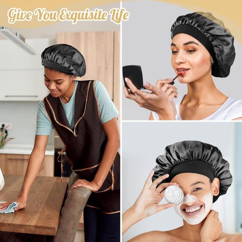 Silk Satin Bonnet, Hair Wrap Adjustable Sleep Cap with 2 counts of Scrunchies for Women Men Double Layer Lined Bonnets for Curly Braid Hair (Black)(Creative Life Pavilion) Shower