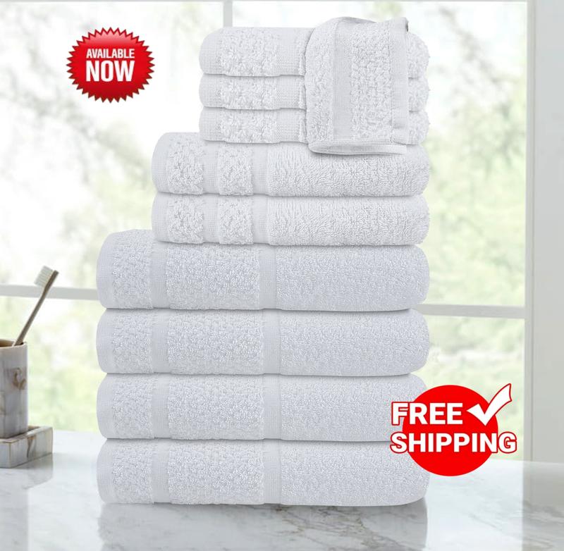 M.a.i.n.s.t.a.y.s. 10 Piece Bath Towel Set with Upgraded Softness & Durability, Gray or White Border Hand Cotton