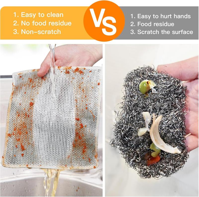 Multipurpose Wire Dishwashing Rags for Wet and Dry, Non- Scratch Wire Dishcloths for Kitchen, Double-Layer Wire Cleaning Cloths, Durable Wire Dish Cloth for Pans, Dishes, Stove Tops, Silvery